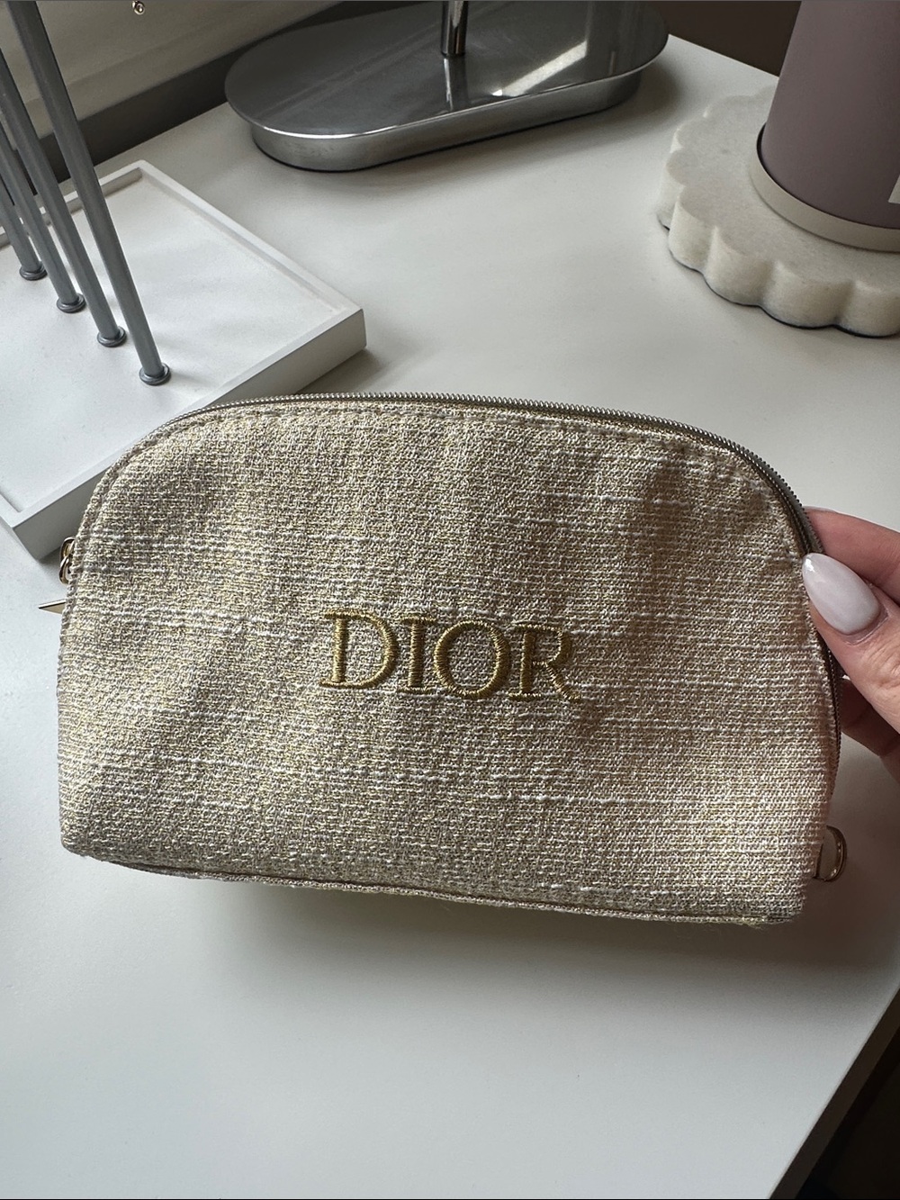 Dior Beige Gold-Thread Embroidered Pouch
